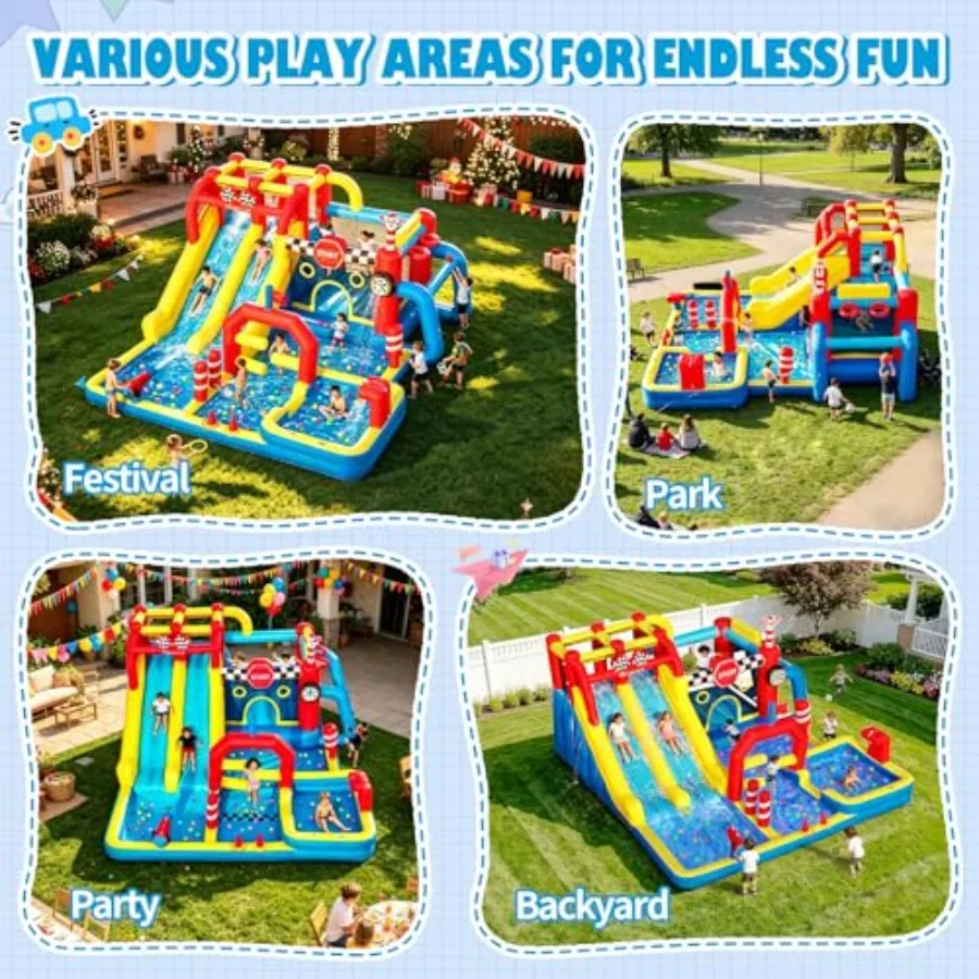 Inflatable Water Slide Bounce House for outdoor use, PVC material, blue and yellow, includes 750W blower, 12-in-1 design with d view 6