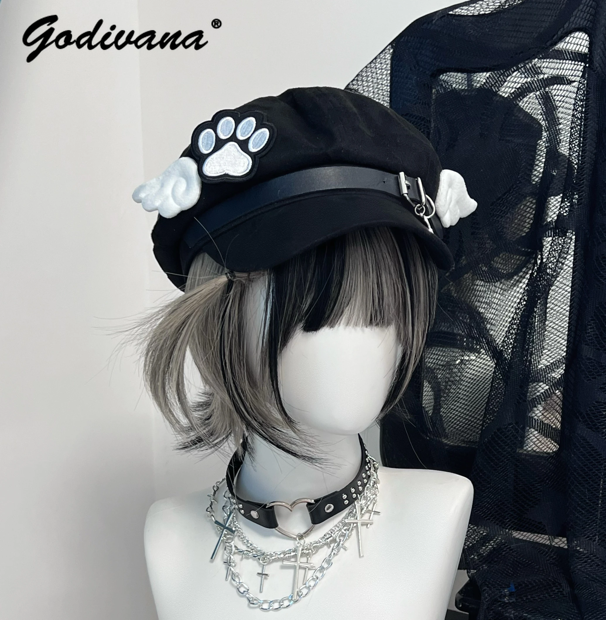 2024 Spring Summer Cat's Paw Wings Beret Girls Y2K Sub-Culture Hat Adorable Japanese Style Mine Series Black Hat Caps for Women