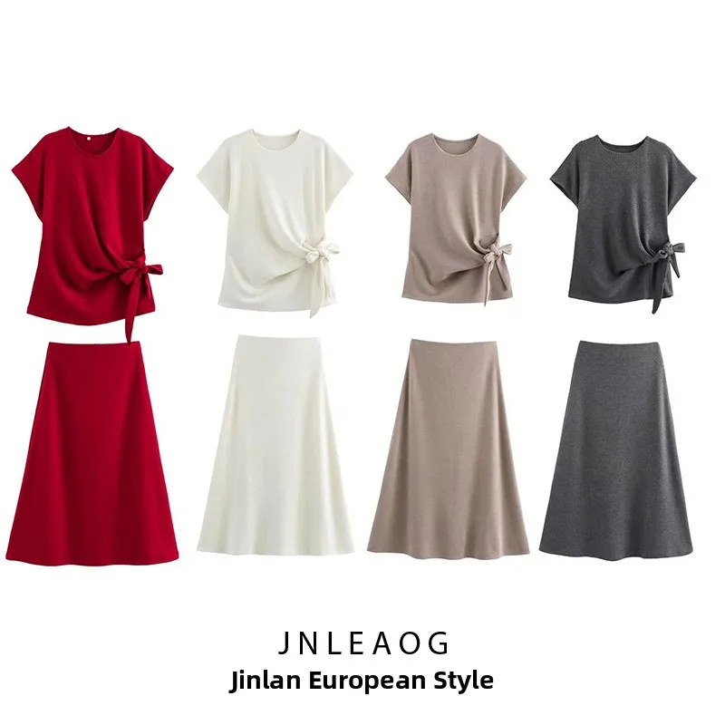 JNLEAOG Set Atasan Wanita Musim Semi Model Terbaru Desain Angin dengan Hiasan Simpul Dua Potong Bahan Serat Polyester Kerah Bulat