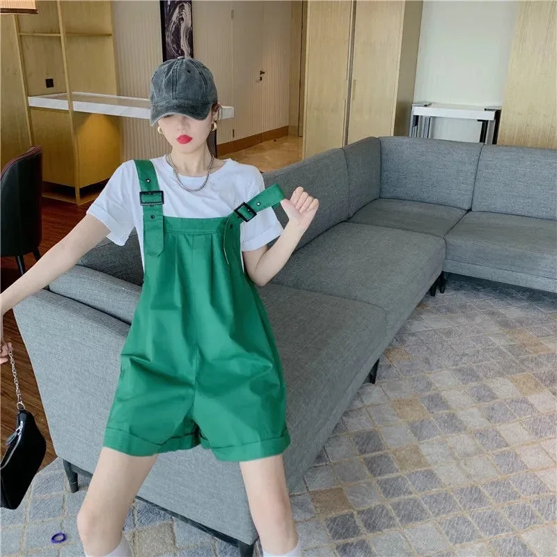 Summer Loose and Thin One-Piece Workwear with Shoulder Straps and Wide Leg Shorts Pants Women