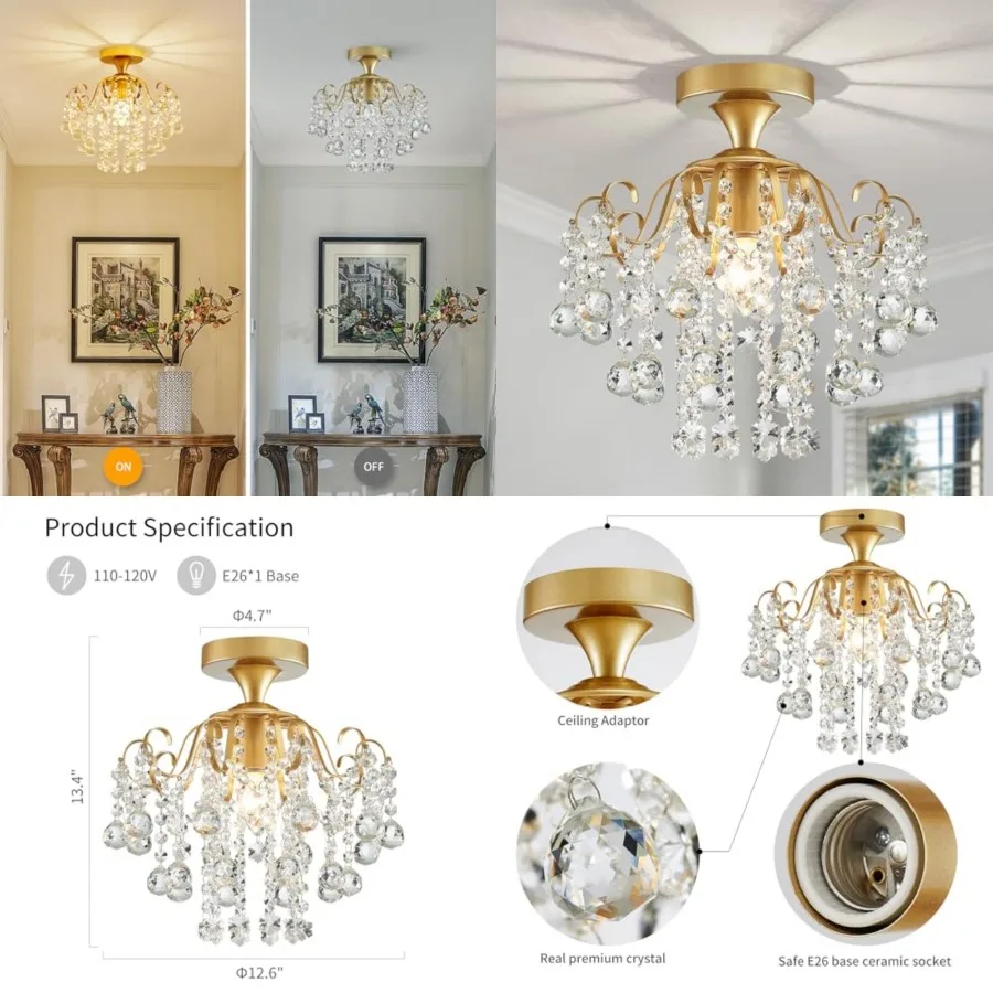 

Crystal Chandelier Flushmount Modern ing Fixture for Bedroom Hallway Bar Kitchen Bathroom, H 13.4" x W 12.6", E26 Base