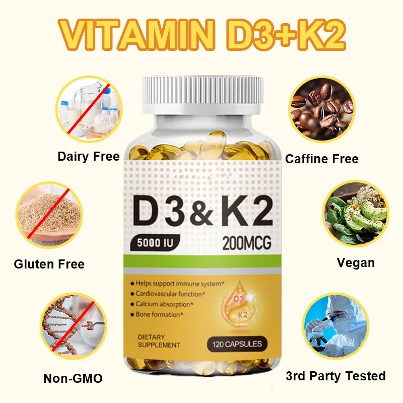 D3+K2 Vitamin D3 5000IU and 200 Mcg Vitamin K2 (MK-7) Vegan Capsules for Bone Density,teeth,skin,heart Health and Immunity.