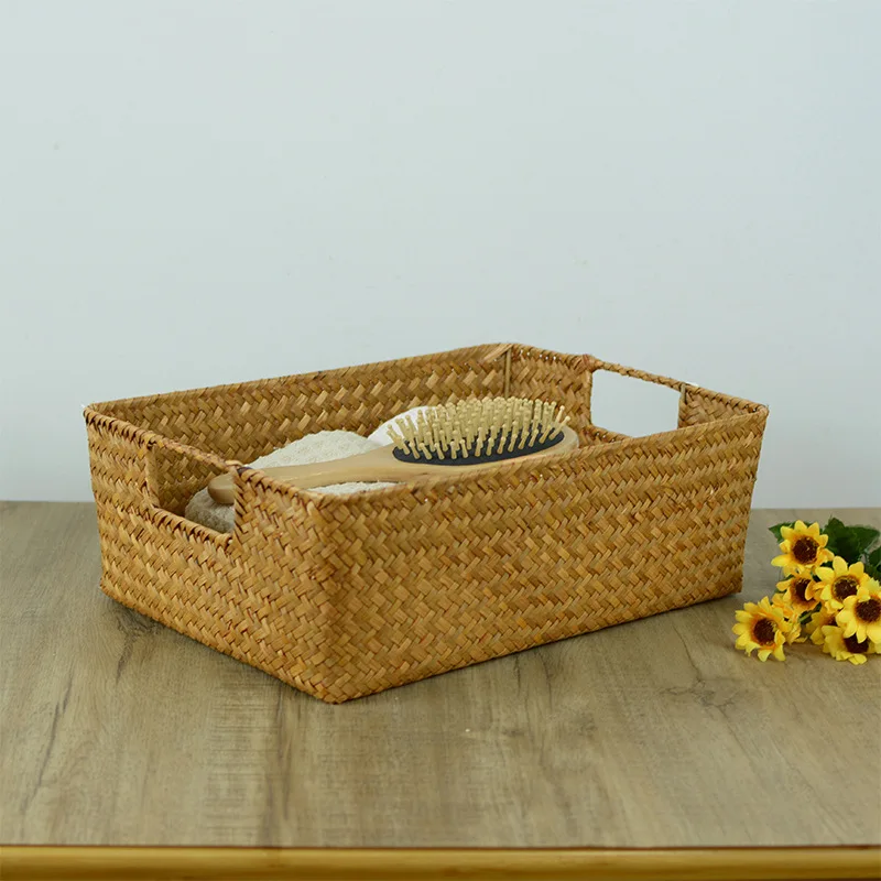 

LuanQI Handmade Seaweed Basket Rectangle Wicker Basket Sundries Storage Box Household Kitchen Bathroom Organization Supplies