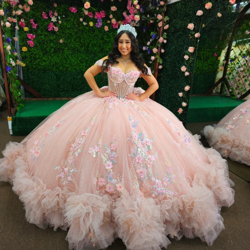 

Shiny light pink Quinceanera Dress Crystal Glitter flower Decal Lace layering Long tail Vestidos De 15 Quinceanera ﻿Customize