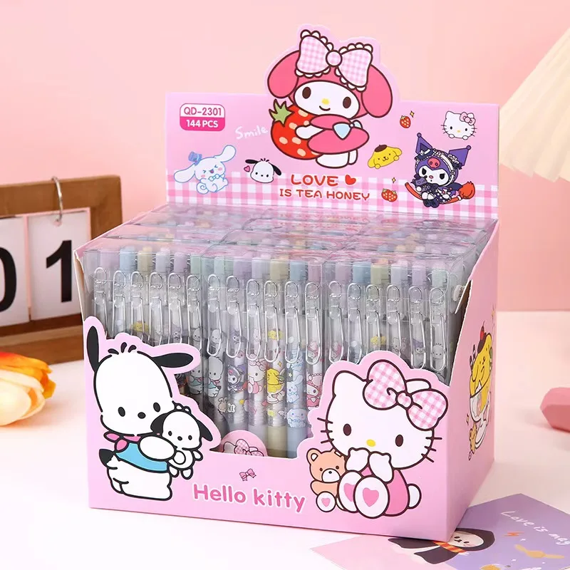 12pcs Children Cartoon Gel Pen Kawaii Hello Kitty Cinnamoroll Kuromi Melody Stationery 0.5mm Black With Metal Hook Office Write