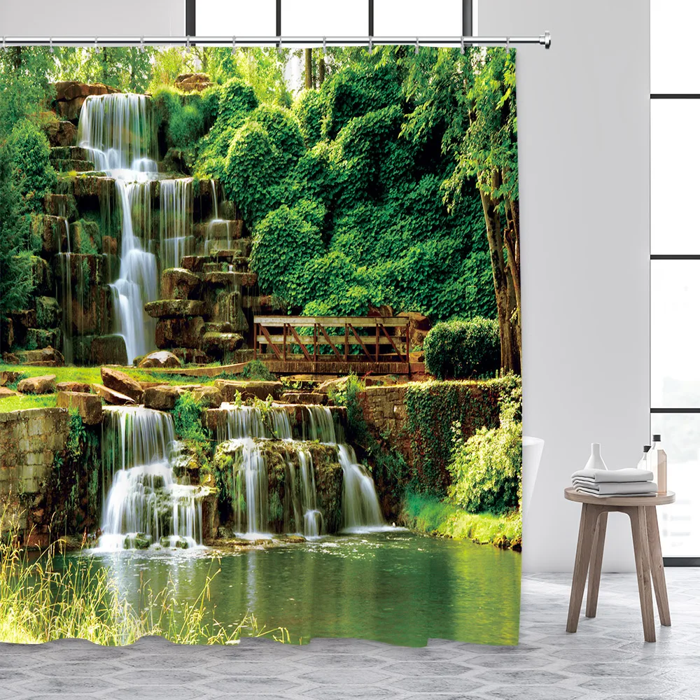 Forest Landscape Shower Curtains Tropical Jungle Plants Waterfall Park Nature Scenery Fabric Bathroom Curtain Decor With Hooks