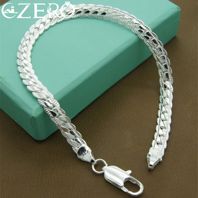 

925 Sterling Silver Classic Flat Sideways Chain Bracelets for Women Men's Fashion Party Wedding Jewelry Gifts Pulseras