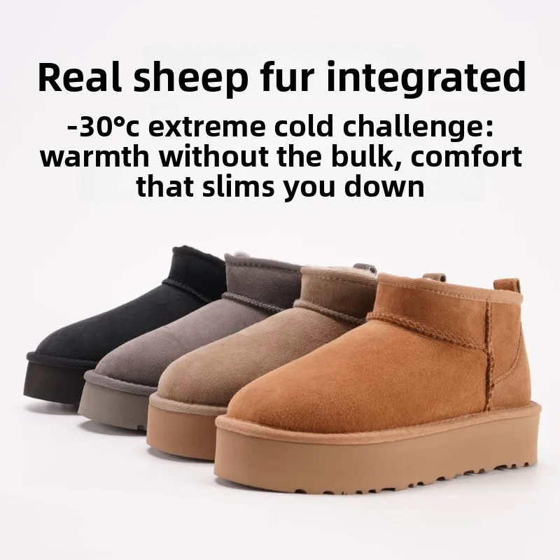 Thick soled snow boots for women, height increasing sheepskin wool integrated with fleece short tube winter cotton shoes for war