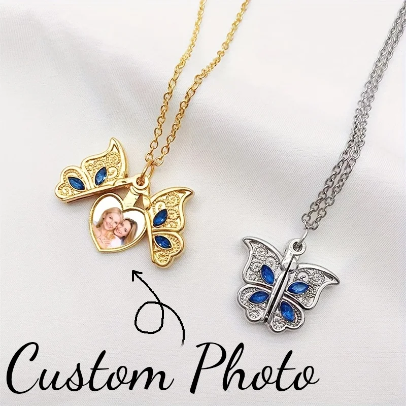 Custom Photo Butterfly Necklaces Women Trendy Personalised Picture Heart Locket Memory Pendant Jewelry Girl Best Birthday Gift