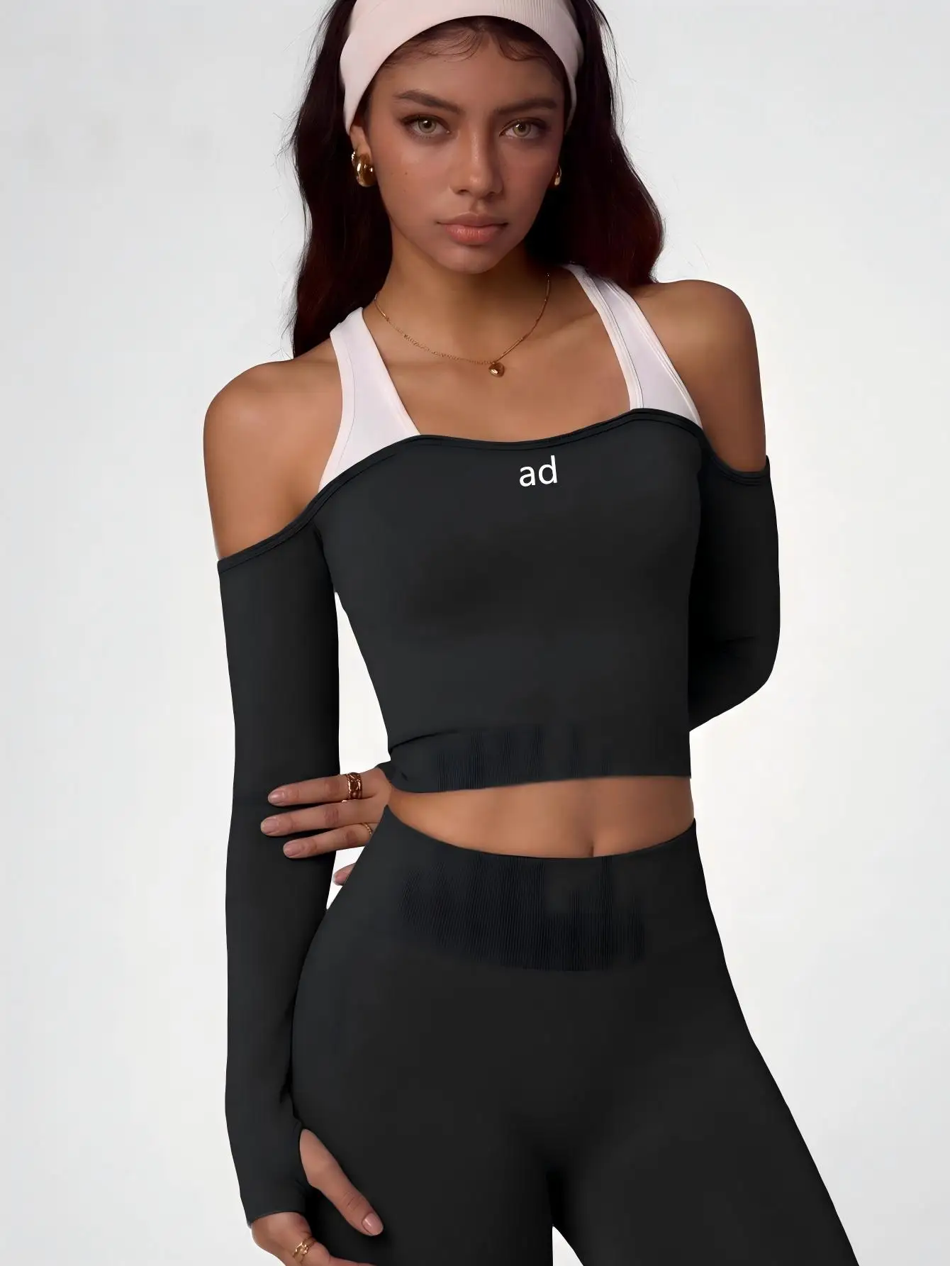Versatile patchwork contrasting long sleeved yoga suit, women's outdoor quick drying sportswear, tight fitting off shoulder spor