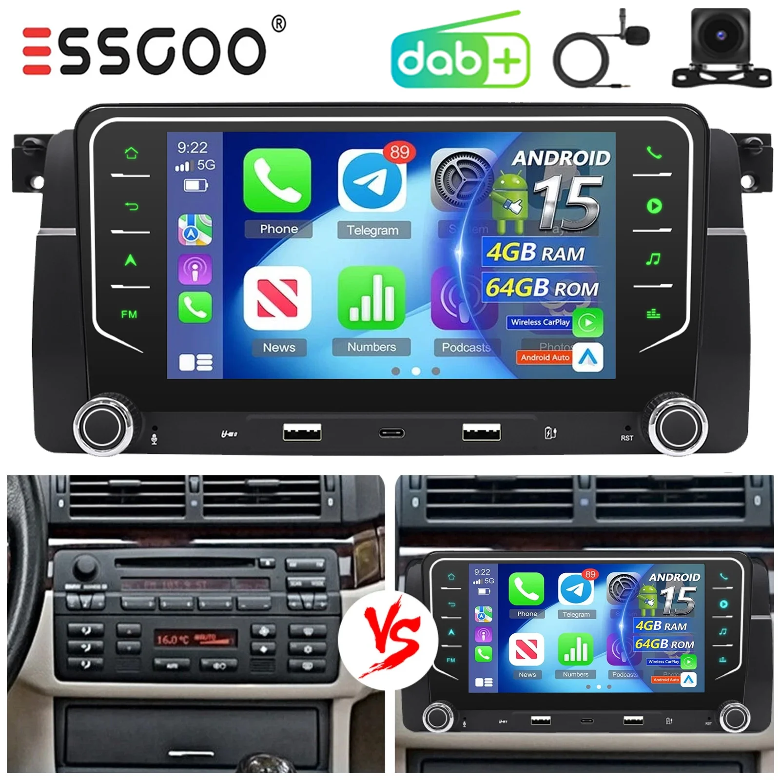Autoradio Android 15 ESSGOO 7 pouces 4 Go + 64 Go pour BMW Série 3 E46 3. Autoradio Android Auto Carplay GPS 2din Stéréo pour Rover 75 318 320 325 avec DAB et caméra en option