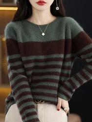 100% Mink Cashmere Sweater Women's Round Neck Thicken Knit Pullover Fashion Color Match Large Size Blouse Autumn New Long Sleeve