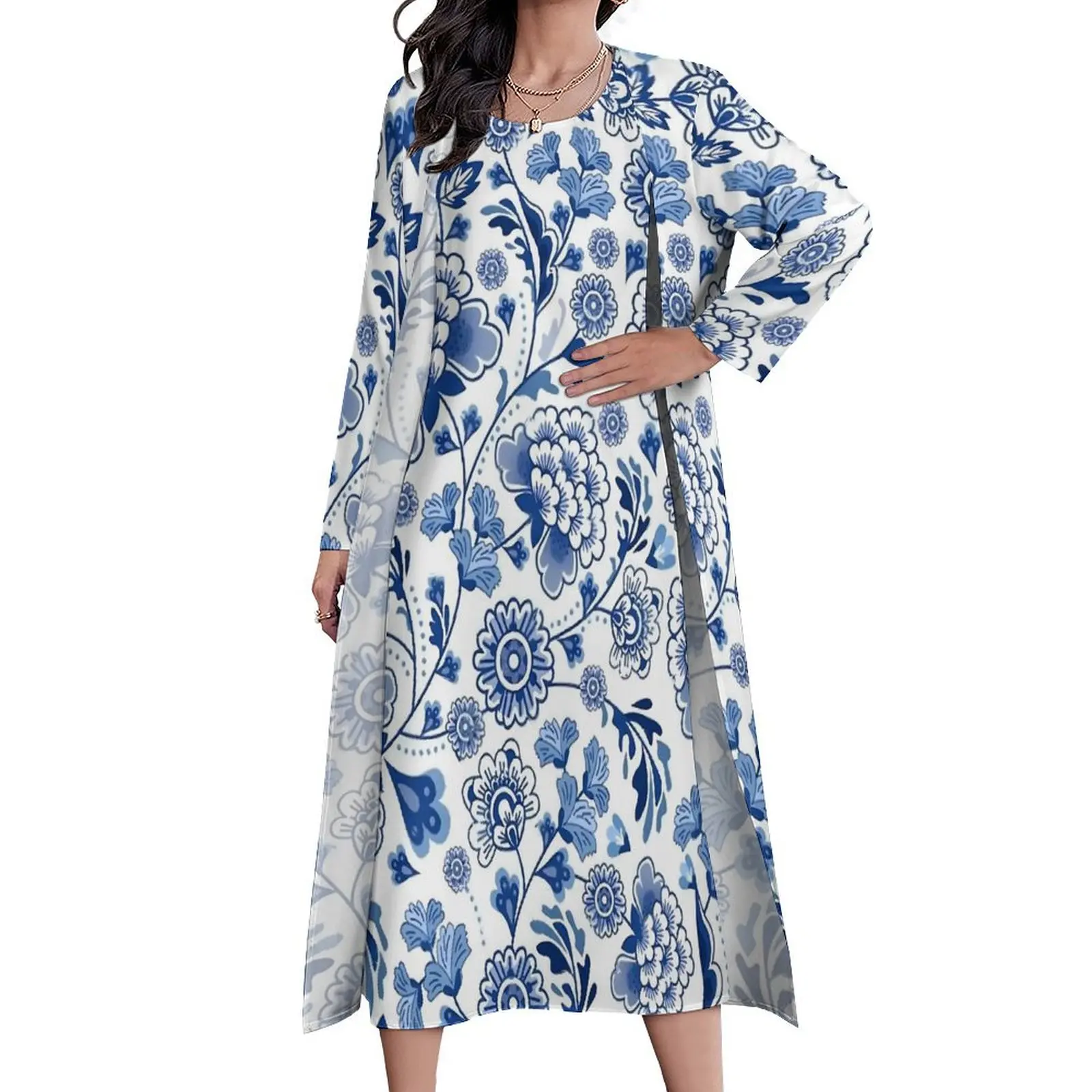 

Blue Flower Dress Chinese Porcelain Design Night Club Maxi Dress Street Style Bohemia Long Dresses Summer Long Sleeve Vestido