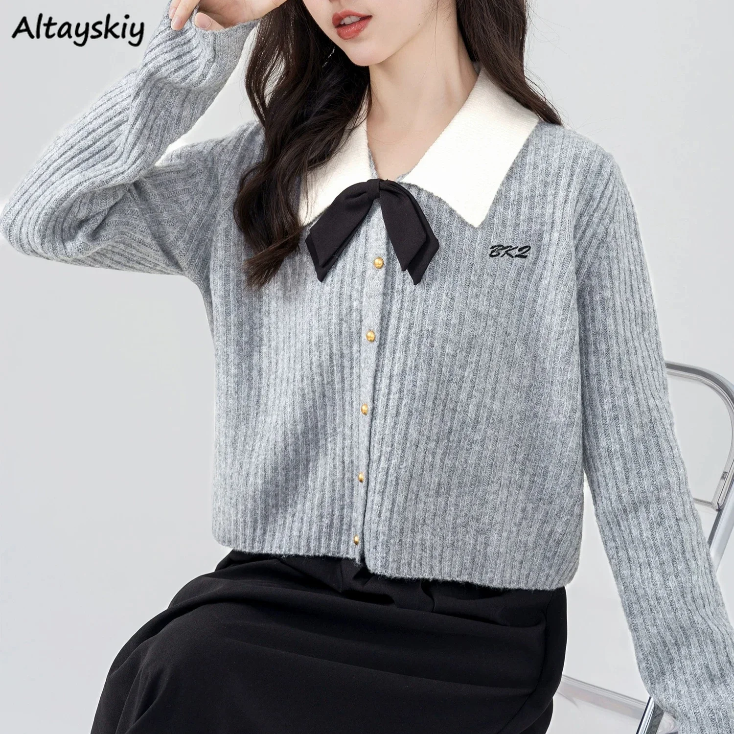 

Crop Knitted Cardigan Women Preppy Style Girls Bow Patchwork Casual Sweaters Tender Winter Letter Aesthetic Youthful All-match