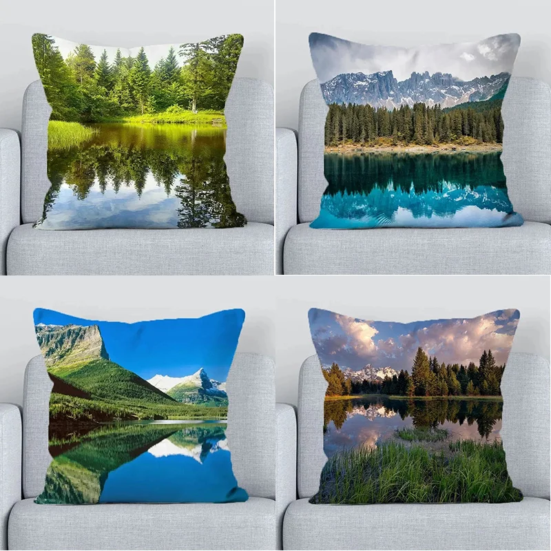 

Домашний декор, наволочки с изображением озера и горы, чехол для подушки с рисунком, подходит для дивана, спальни, автомобиля, наволочка