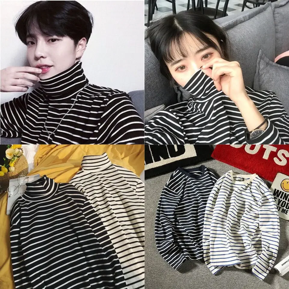 الخريف الشتاء عالية الياقة طويلة الأكمام تي شيرت مخطط للجنسين طالب زوجين عادية تنوعا بلوزة بسيطة للرجال والنساء #1