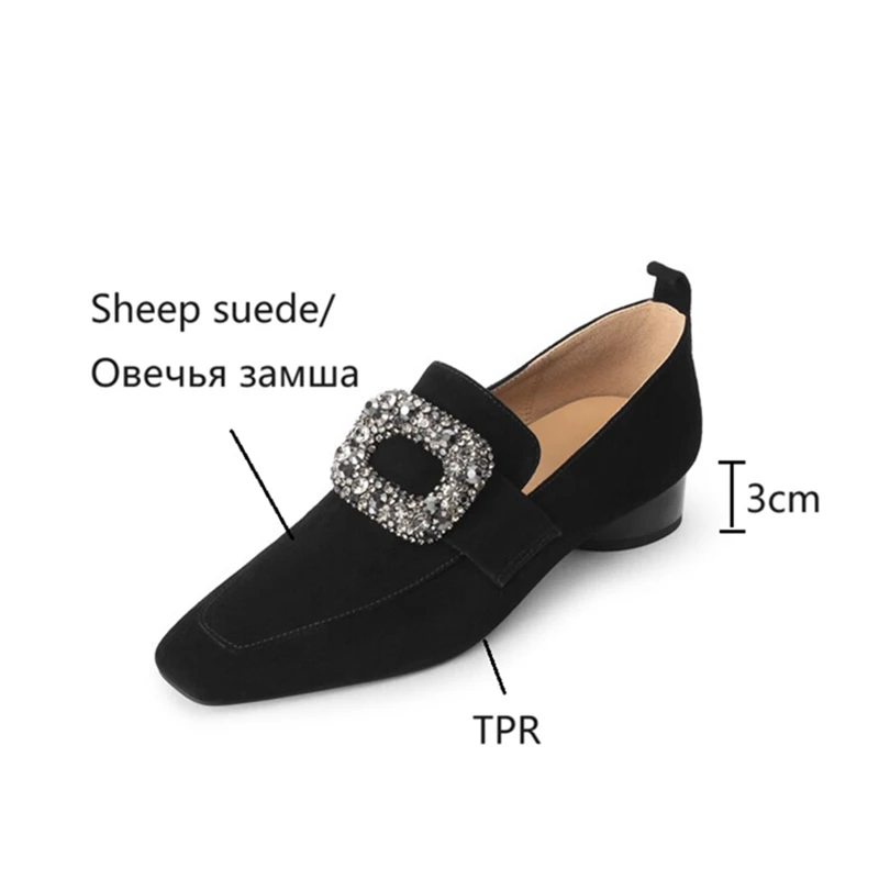 NEW Spring Women Loafers Sheep Suede Leather Shoes for Women Square Toe Chunky Heel Shoes Rhinestone Square Button Women Pumps