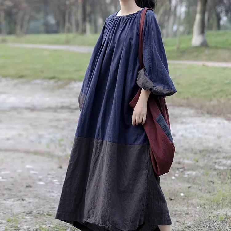 

Cotton and linen loose long dress pleated lantern sleeves big bat drawstring collar color matching dress fashionable and casual