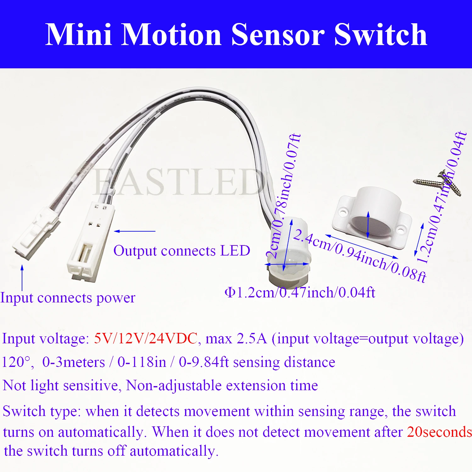 Mini Motion Sensor Switch 5V/12V/24VDC Human Body Infrared Induction Auto ON OFF Movement Detector for Under Kitchen Cabinet