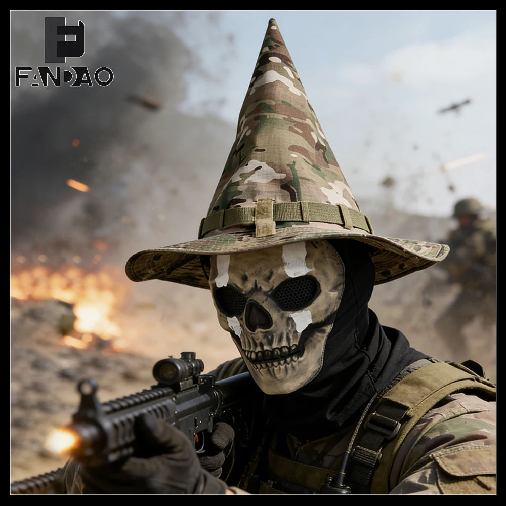 Tactical Hats Masks Set Unisex Camouflage Wide Brim magic Witch Hat Airsoft COD Halloween Skeleton Head Mask for CS Cosplay