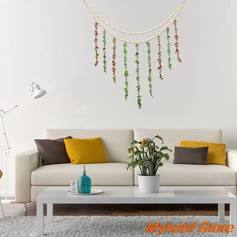 Hanging Artificial Eucalyptus Leaves with Wooden Beads Bohemian Wall Hanging Ornament Hemp Rope for Home Living Room Decor