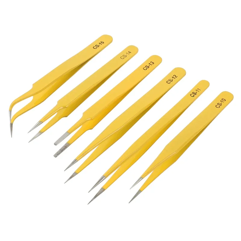 

6pcs/set High Hardness Precision ESD Antimagnetic Stainless Tweezers PCB Industrial Soldering Tools Kit Tweezer Set