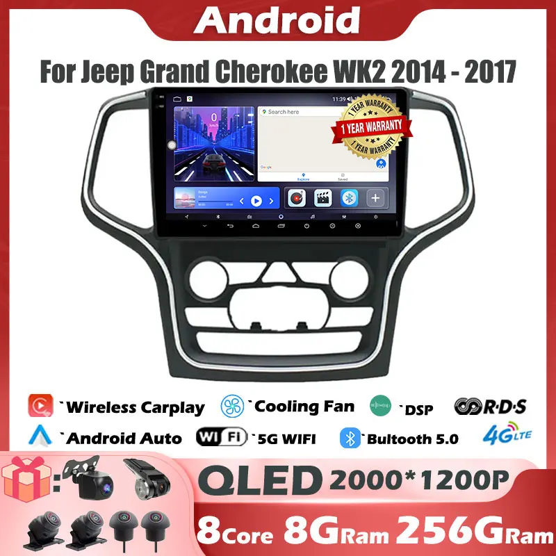 

Для Jeep Grand Cherokee WK2 2014-2017 Android 14 беспроводной Carplay авторадио автомобильная стереосистема GPS мультимедийный плеер навигационное радио