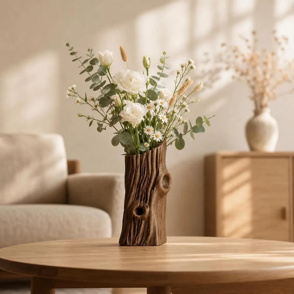 Tree Hole Shape Flower Vase Desktop Decor Rustic Style Succulent Pot Artificial Driftwood 3D Printed Plant Pot Study Room