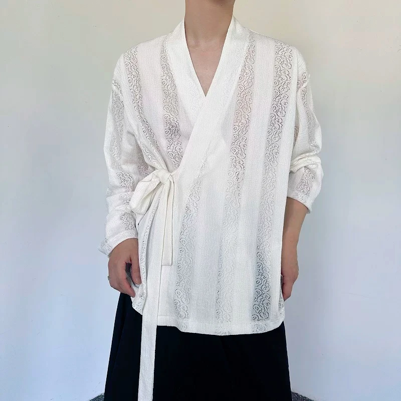 Avant-Garde Chinese Style Hollow-Out Long Sleeve Shirt with Tie Closure – Dark Gothic Stage Wear for Men & Women, Unique Top