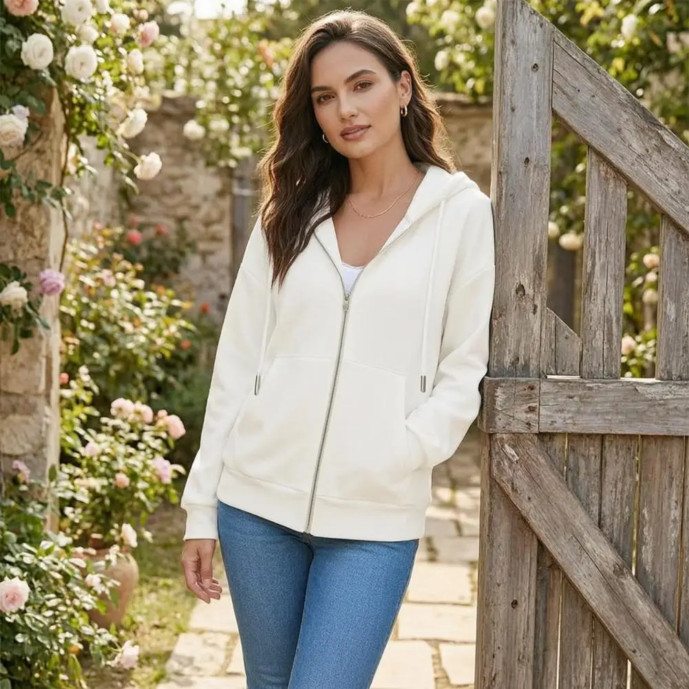 Women Zip-Up Hoodies, Casual Long Sleeve Sweatshirt With Pockets, Solid Color Drawstring Hooded Coat