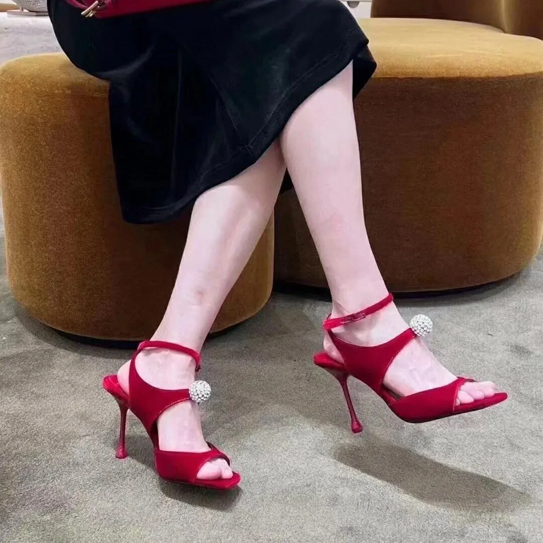 

Classic Luxury Crystal Ball Solid Color Fashionable Square Leather Water Drop Heel Sexy High-Heeled Sandals Sexy Sandals