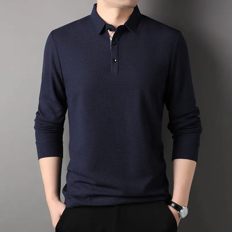 

Spring, Autumn, and Winter Pure Cotton Solid Polo Collar Pullover Long Sleeve T-shirt Polo Shirt Casual Button British Tops