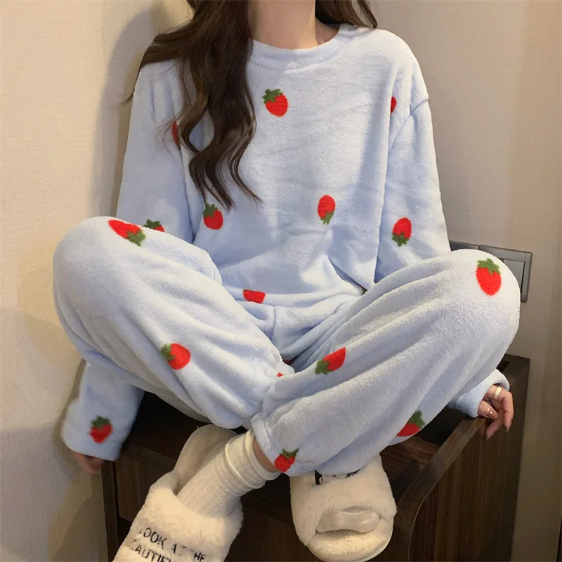 Pajamas Winter Women\'s Padded Thickened Loose Large Size Drawstring Feet Coral Fleece Leisure Home Suit Warm Pajamas Set