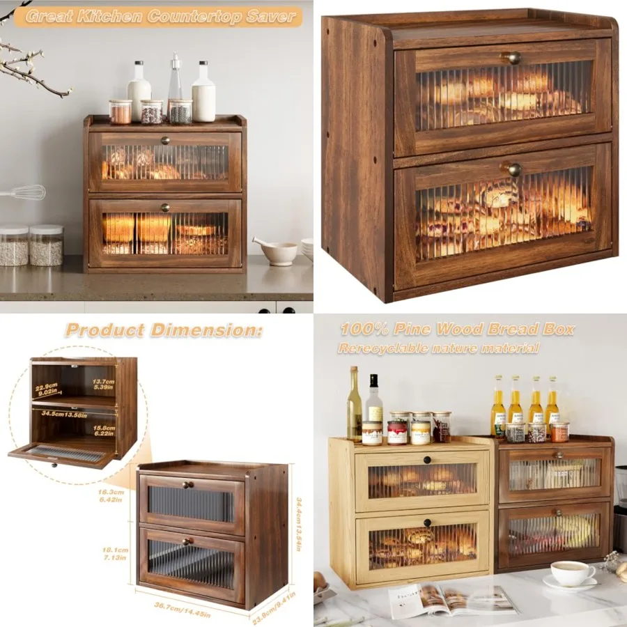 

Double Layer Large Bread Box for Kitchen Counter, Wooden Corner Bread Storage Container with Acrylic Window
