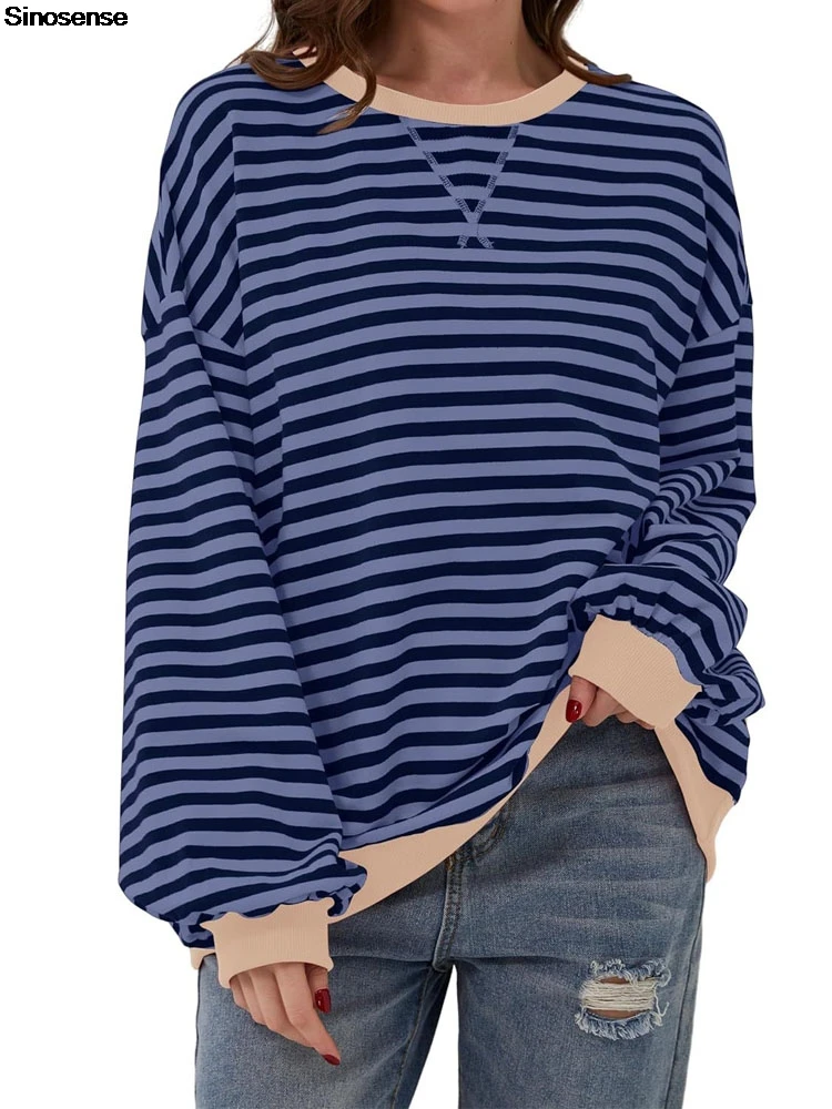 Women Fall Striped Oversized Sweatshirt Color Block Crew Neck Long Sleeve Shirt Casual Loose Pullover Top Going Out Y2K Clothes