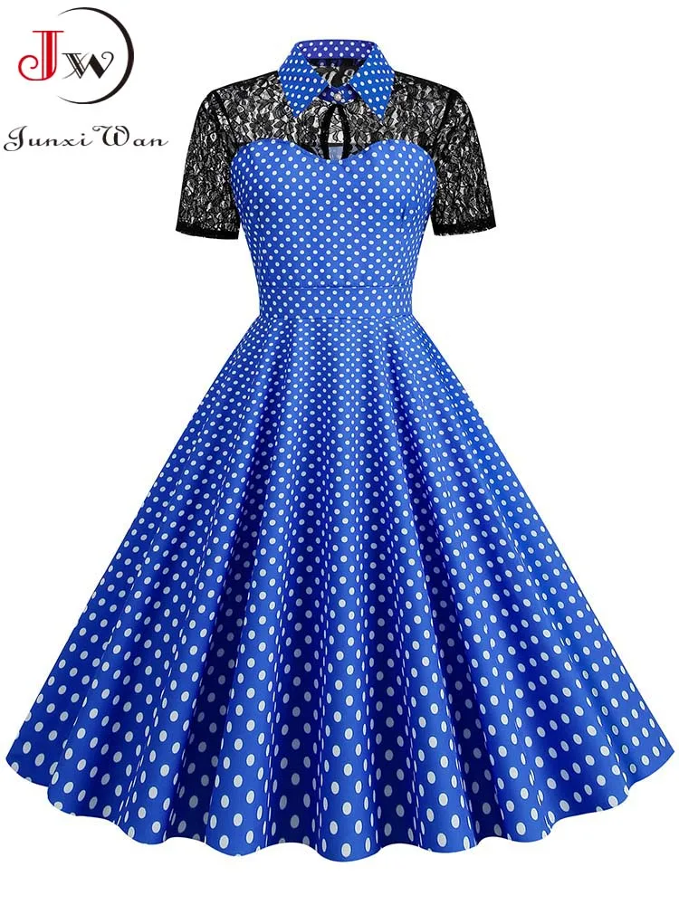 

Peter Pan Collar Lace Polka Dot Swing Dress Women Summer Short Sleeve Elegant Vintage Party Sundress