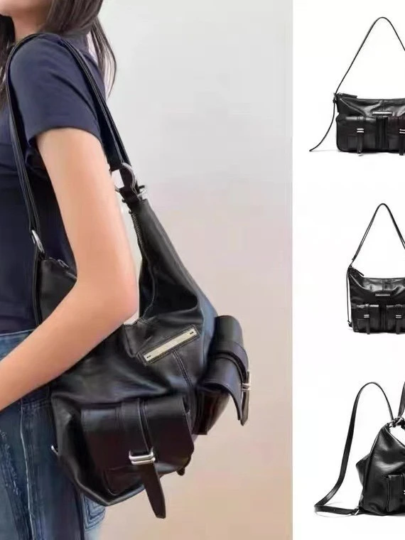 2025 New Double Pocket Biker Style Armpit Shoulder Bag Tote Bag Commuting Double Shoulder Bag Women's Casual Pure Color Zipper