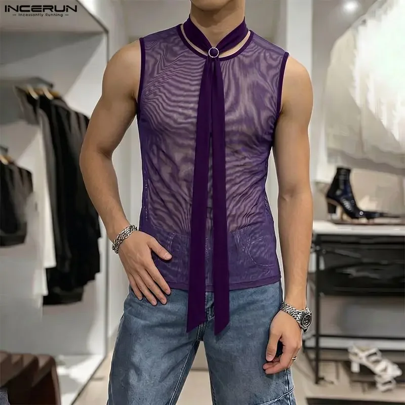 INCERUN Men's Tank Tops Mesh See Through Solid Sleeveless Men Clothes With Belt Streetwear Summer Sexy Fashion Male Vests Tops