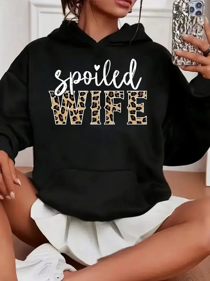 

2025 Autumn and Winter Women's Black Hooded Sweatshirt _ Wife_ Leopard Print High-end Luxury Is for Both Men and Women Top Y2k
