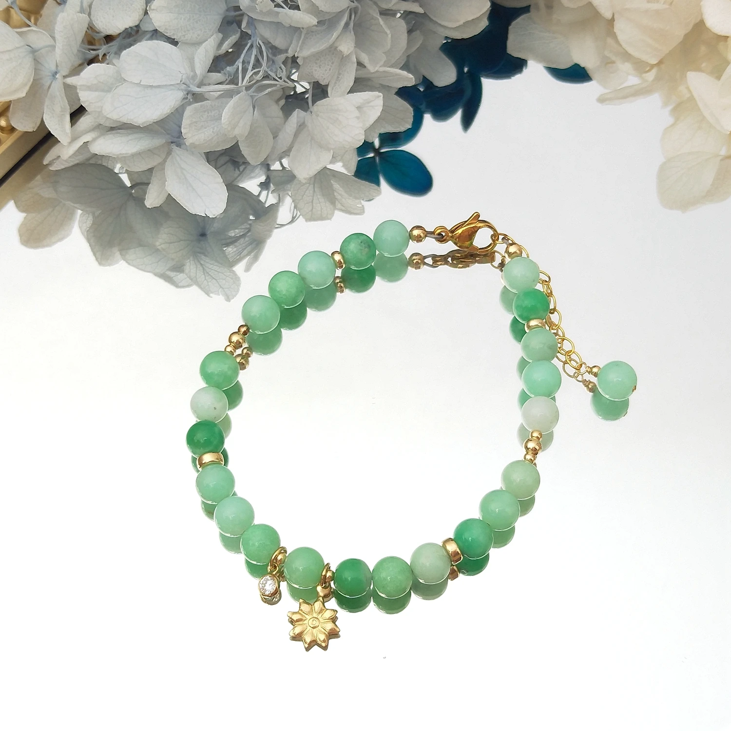 Lii Ji Natural Chrysoprase 6mm 18+3cm 14K Gold Filled Charms Bracelet Handmade Fashion Jewelry