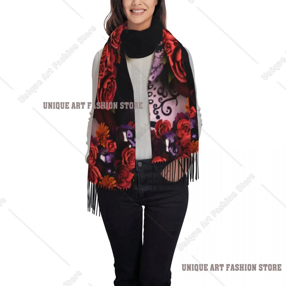 カスタムハロウィンシュガースカルスカーフラップ女性用ロングウィンターウォームタッセルショールユニセックス死者の日メキシコ女性用スカーフ