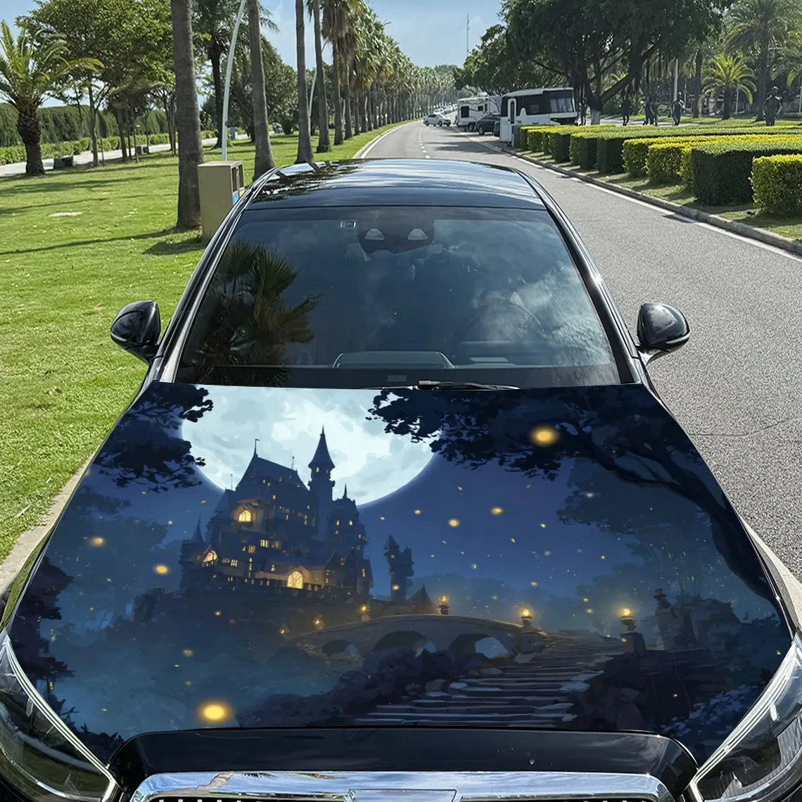 Moonlight Ancient Castle Car Vinyl Wrap, PVC Material Waterproof Car Hood Sticker, Self-Adhesive Scratch-Resistant Stickers for