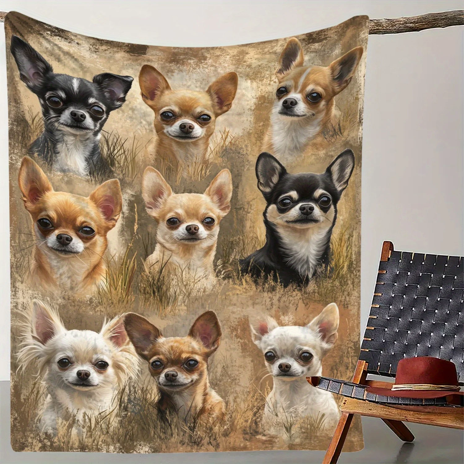 Lodge Style Chihuahua Pattern Flannel Blanket - All Seasons Soft with Space Theme Digital Print,  Cozy Throw for Home Decor