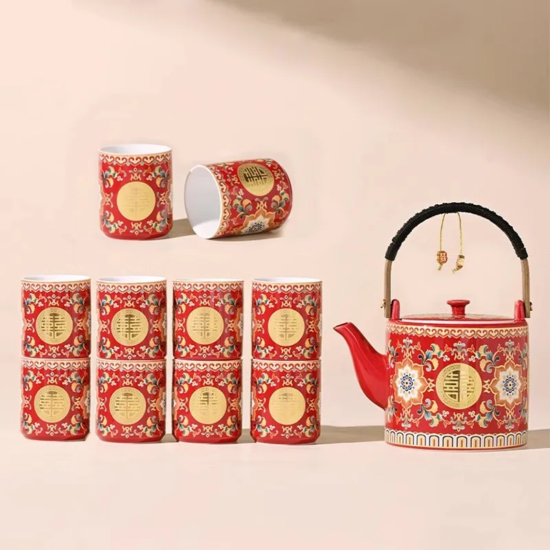 Enamel Wedding Tea Set Chinese Traditional Bridal Shower Gift for Bride, Teacup & Teapot with Double Happiness, Dowry Accessorie
