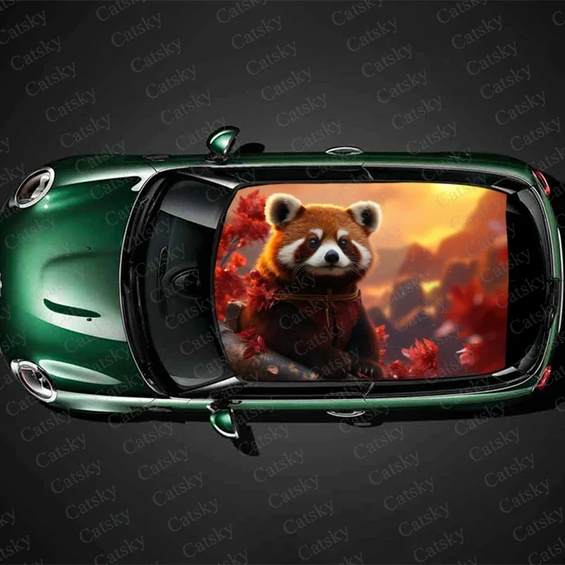 Cute Baby Red Panda Car Roof Sticker Wrap Racing SUV Accessories Packaging Painted PVC Custom Car Graphic Decal