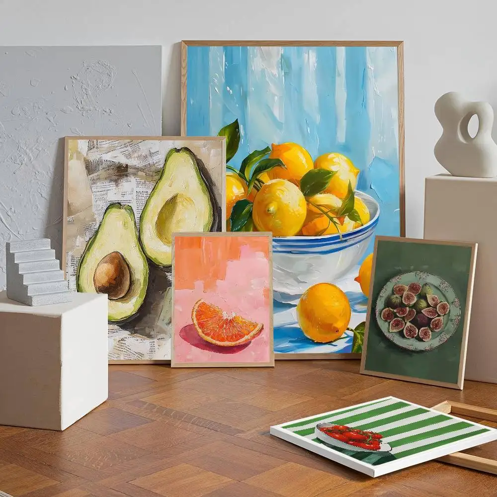 Vintage Dining Fruit Orange Avocado Tomato Coffee Classic Vintage Posters Painting Wall Art White Kraft Paper Kawaii Room Decor