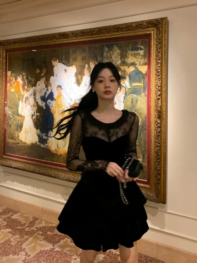 

Платье Audrey из плотного кружевного бархата с завышенной талией, мягкое, комфортное, с длинными рукавами и круглым вырезом, в стиле Dr. Ele Thousand Gold Girl