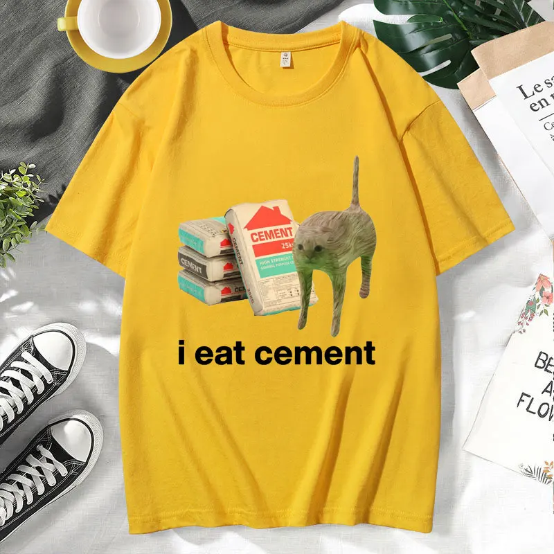 I Eat Cement Cursed Cat Funny Meme T Shirt Men Women Fashion Humor Short Sleeve T Shirts High Quality Cotton T-shirt Tops Unisex