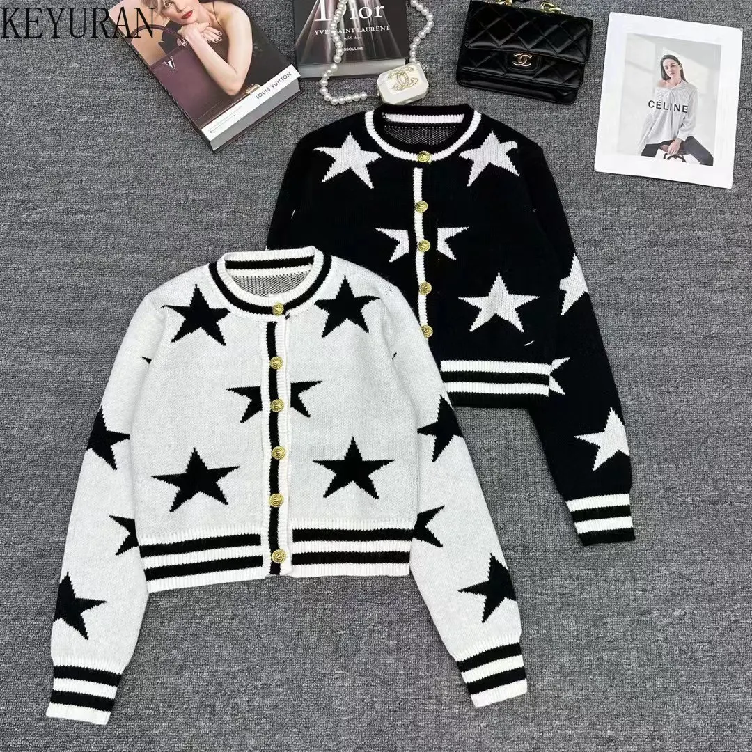 2024 Spring Autumn Star Jacquard Knitted Cardigan Women Vintage O-Neck Long Sleeve Single Breasted Sweater Loose Versatile Tops