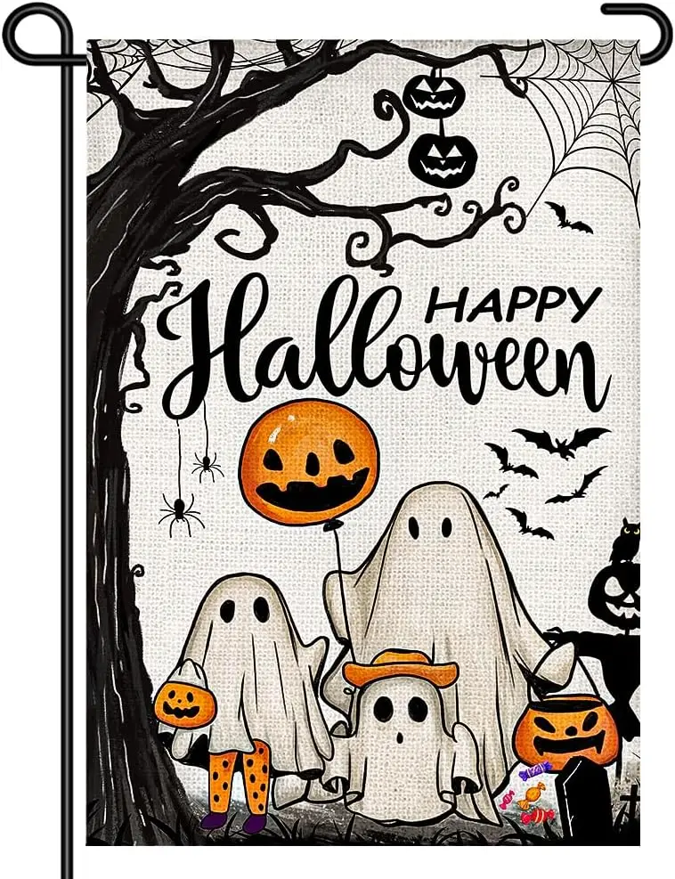 Happy Halloween Garden Flags for Outside 12x18 Inch Double Sided Burlap, Spooky Ghost Sign Welcome Small Flag Farmhouse Yard UUN